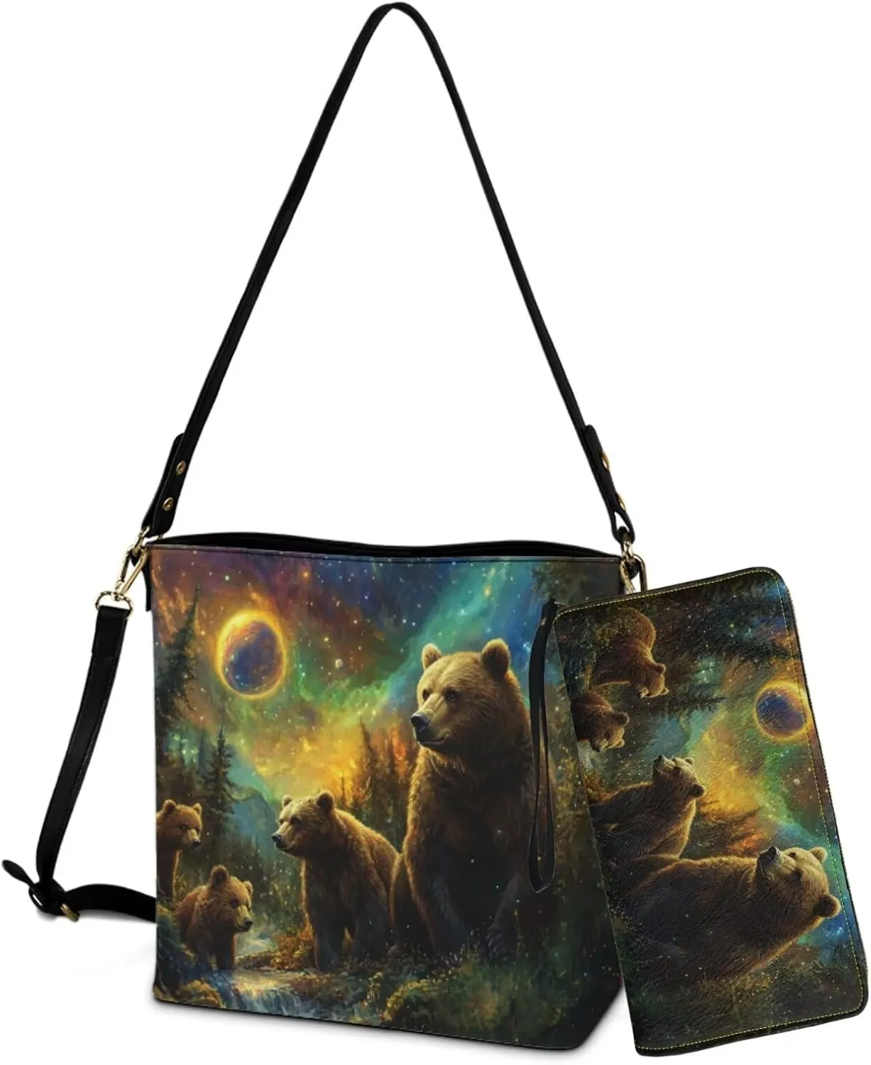 Lotusorchid Bucket Purse and Wallet Set, Leather Crossbody Shoulder Handbag Hobo Bag with Adjustable Strap for Women
