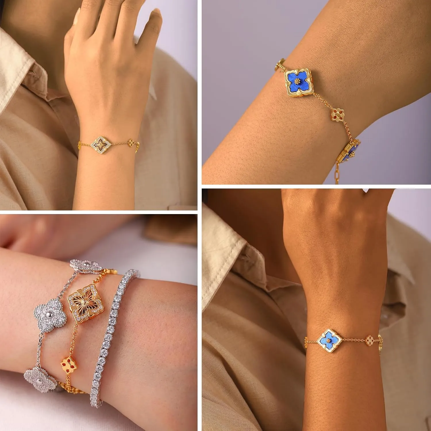 Lucky Clover Bracelet for Women  18K Gold Plated Enamel & CZ Options, Adjustable Solo or Tennis Set with Clover Charm, Jewelry Gift for Mom, Wife, Her