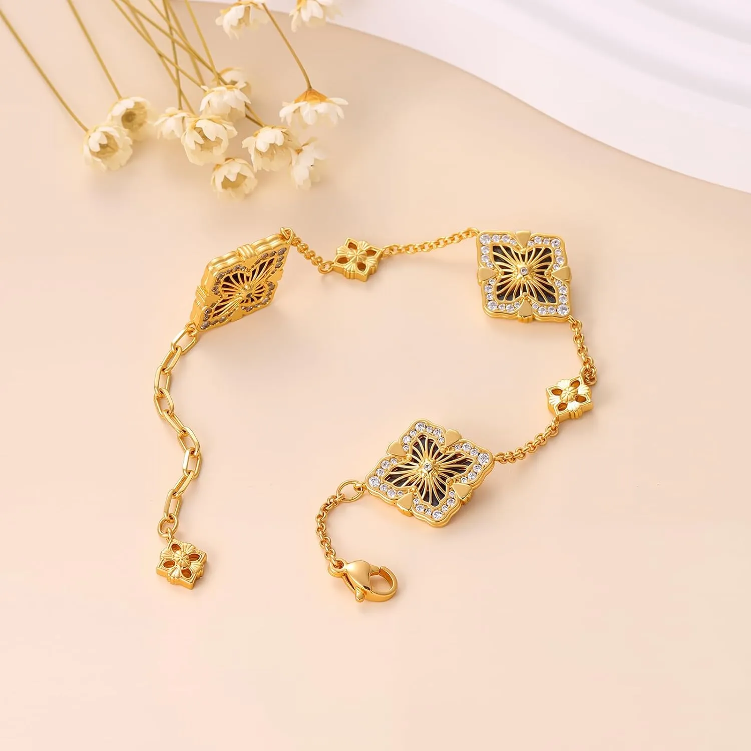 Lucky Clover Bracelet for Women  18K Gold Plated Enamel & CZ Options, Adjustable Solo or Tennis Set with Clover Charm, Jewelry Gift for Mom, Wife, Her