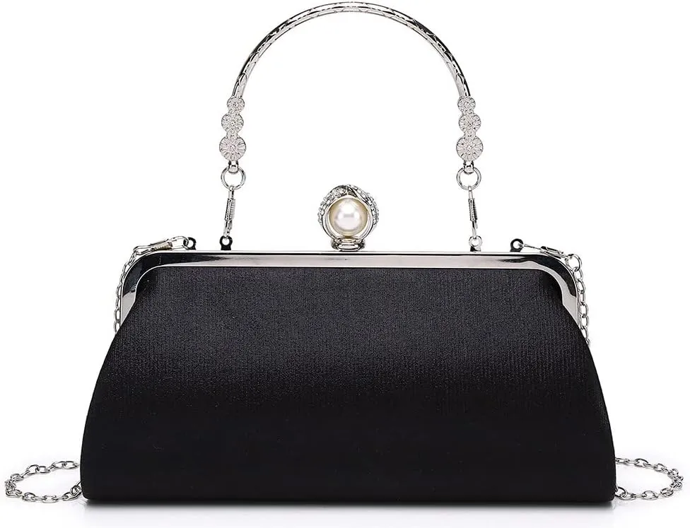 Luxury Tassel Pearl Rhinestones Clutch Purses for Women Detachable Chain handle Glitter Crystals Bags for Prom Wedding Black