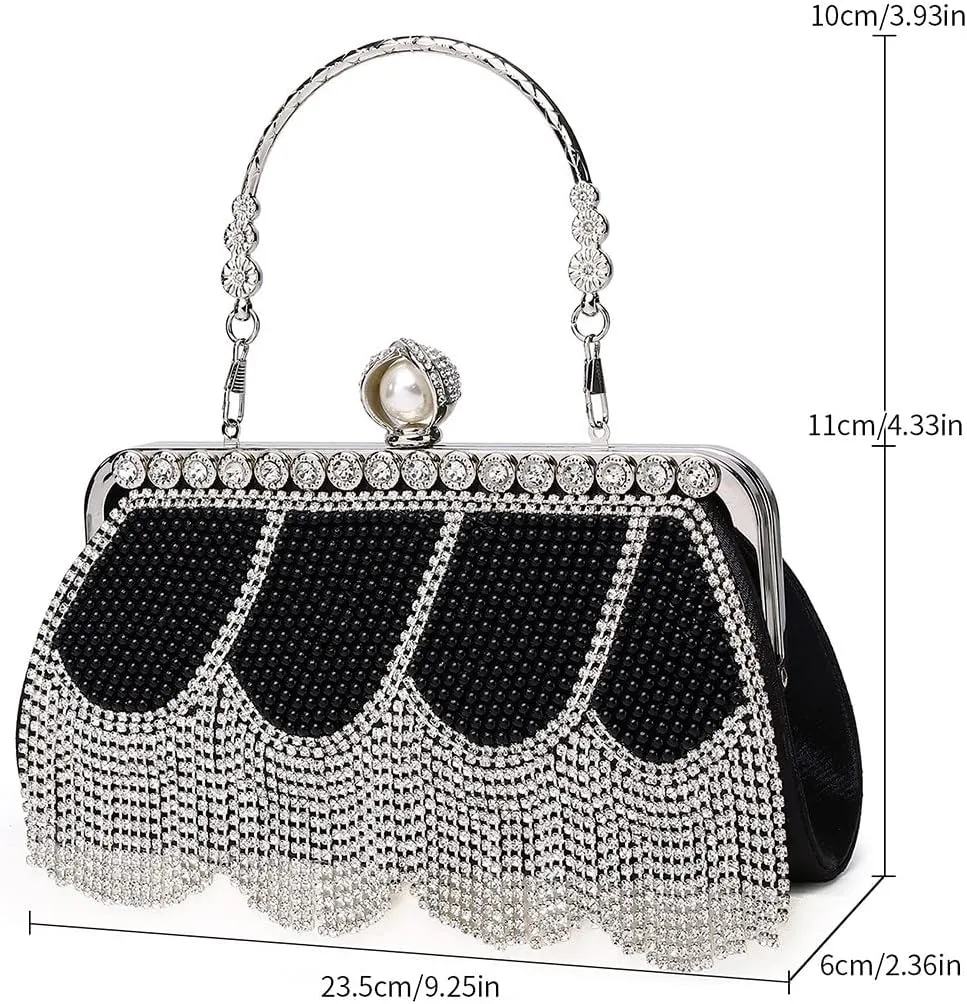 Luxury Tassel Pearl Rhinestones Clutch Purses for Women Detachable Chain handle Glitter Crystals Bags for Prom Wedding Black
