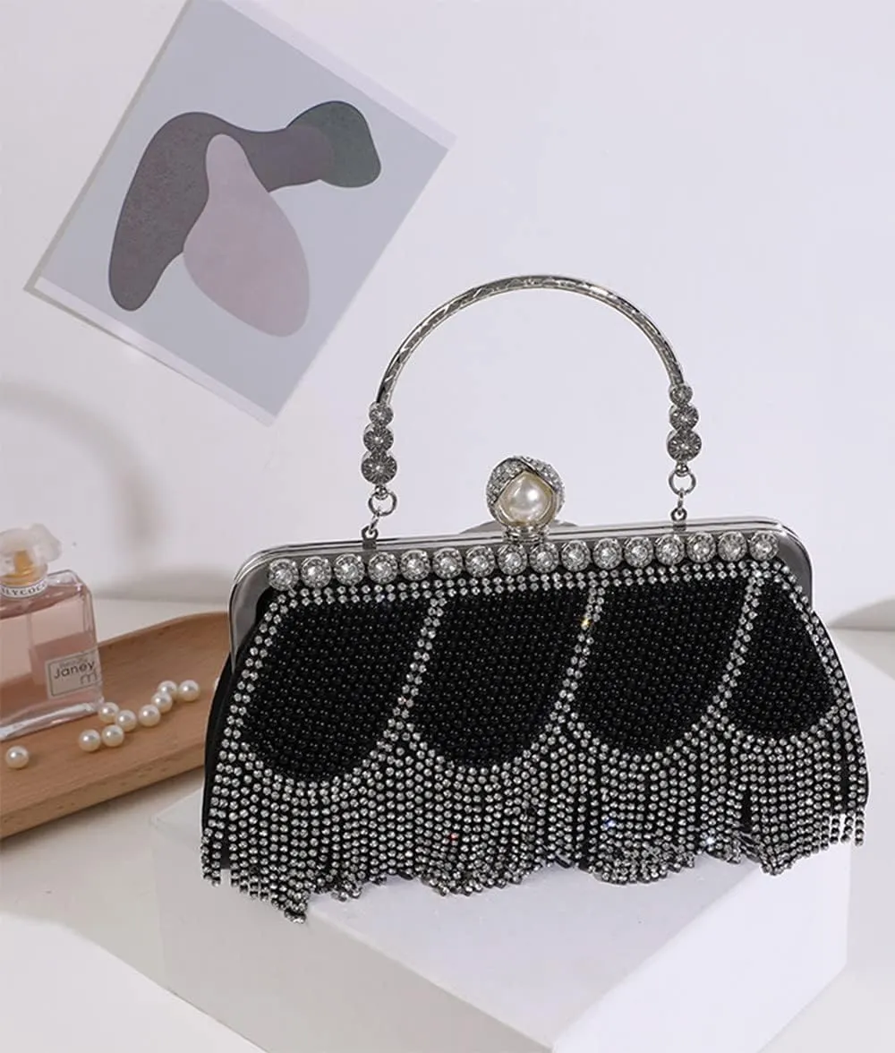 Luxury Tassel Pearl Rhinestones Clutch Purses for Women Detachable Chain handle Glitter Crystals Bags for Prom Wedding Black