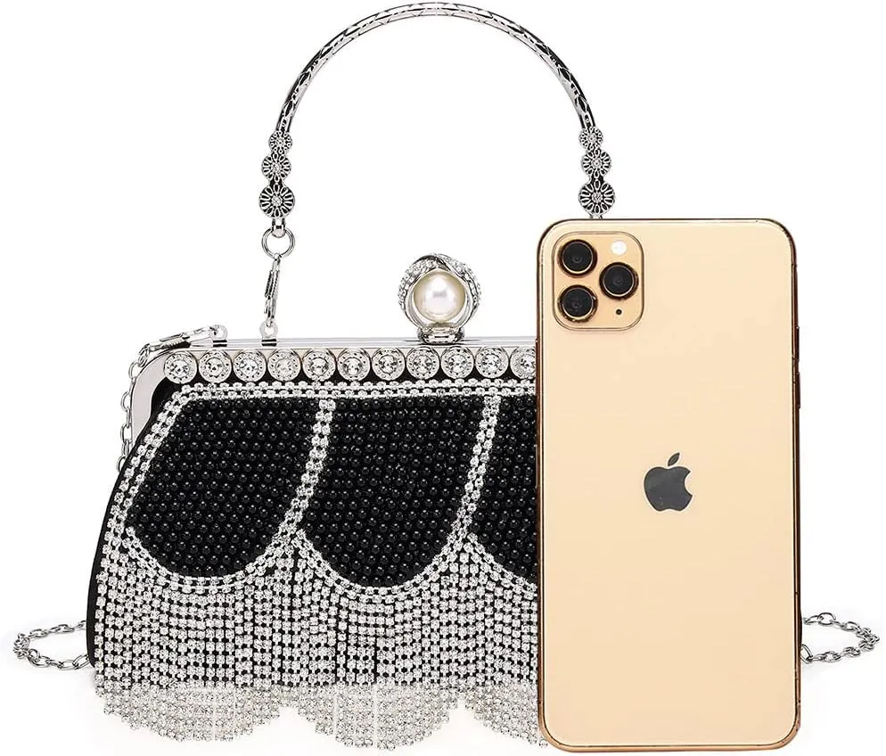 Luxury Tassel Pearl Rhinestones Clutch Purses for Women Detachable Chain handle Glitter Crystals Bags for Prom Wedding Black