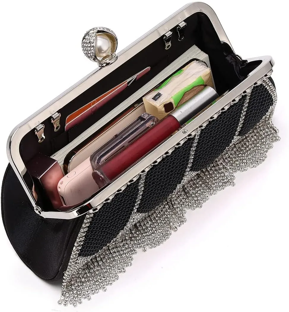 Luxury Tassel Pearl Rhinestones Clutch Purses for Women Detachable Chain handle Glitter Crystals Bags for Prom Wedding Black