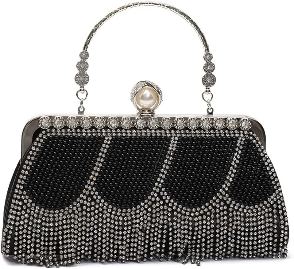 Luxury Tassel Pearl Rhinestones Clutch Purses for Women Detachable Chain handle Glitter Crystals Bags for Prom Wedding Black