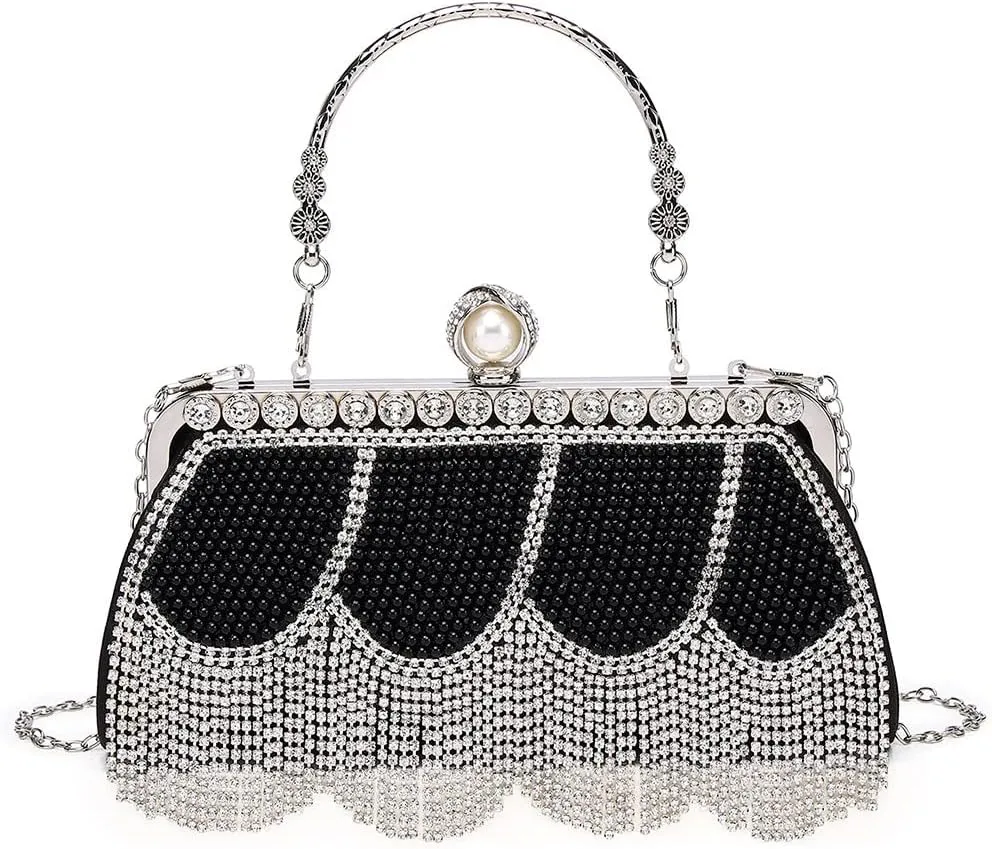 Luxury Tassel Pearl Rhinestones Clutch Purses for Women Detachable Chain handle Glitter Crystals Bags for Prom Wedding Black