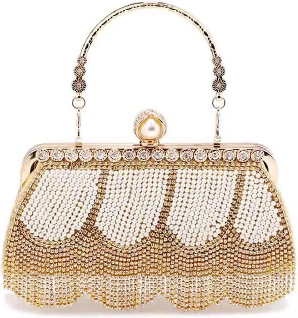 Luxury Tassel Pearl Rhinestones Clutch Purses for Women Detachable Chain handle Glitter Crystals Bags for Prom Wedding Gold