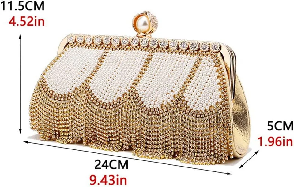 Luxury Tassel Pearl Rhinestones Clutch Purses for Women Detachable Chain handle Glitter Crystals Bags for Prom Wedding Gold