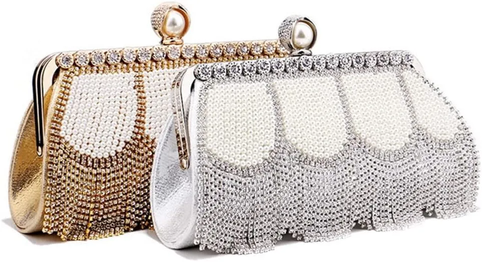 Luxury Tassel Pearl Rhinestones Clutch Purses for Women Detachable Chain handle Glitter Crystals Bags for Prom Wedding Gold