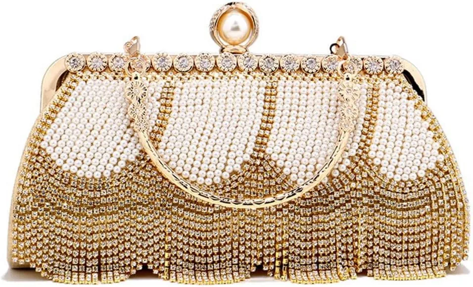 Luxury Tassel Pearl Rhinestones Clutch Purses for Women Detachable Chain handle Glitter Crystals Bags for Prom Wedding Gold
