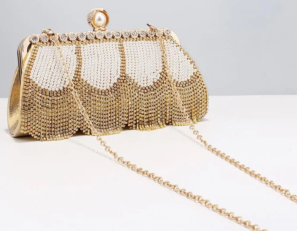 Luxury Tassel Pearl Rhinestones Clutch Purses for Women Detachable Chain handle Glitter Crystals Bags for Prom Wedding Gold