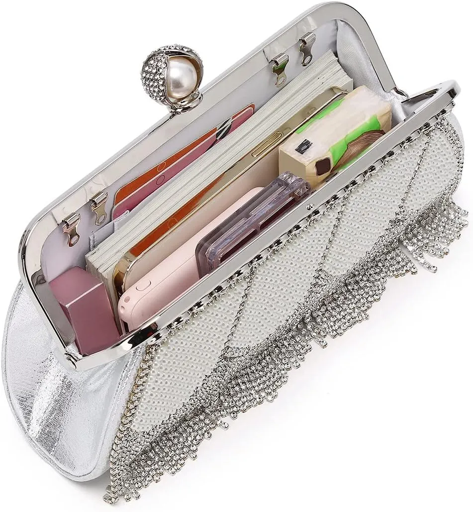 Luxury Tassel Pearl Rhinestones Clutch Purses for Women Detachable Chain handle Glitter Crystals Bags for Prom Wedding Silver