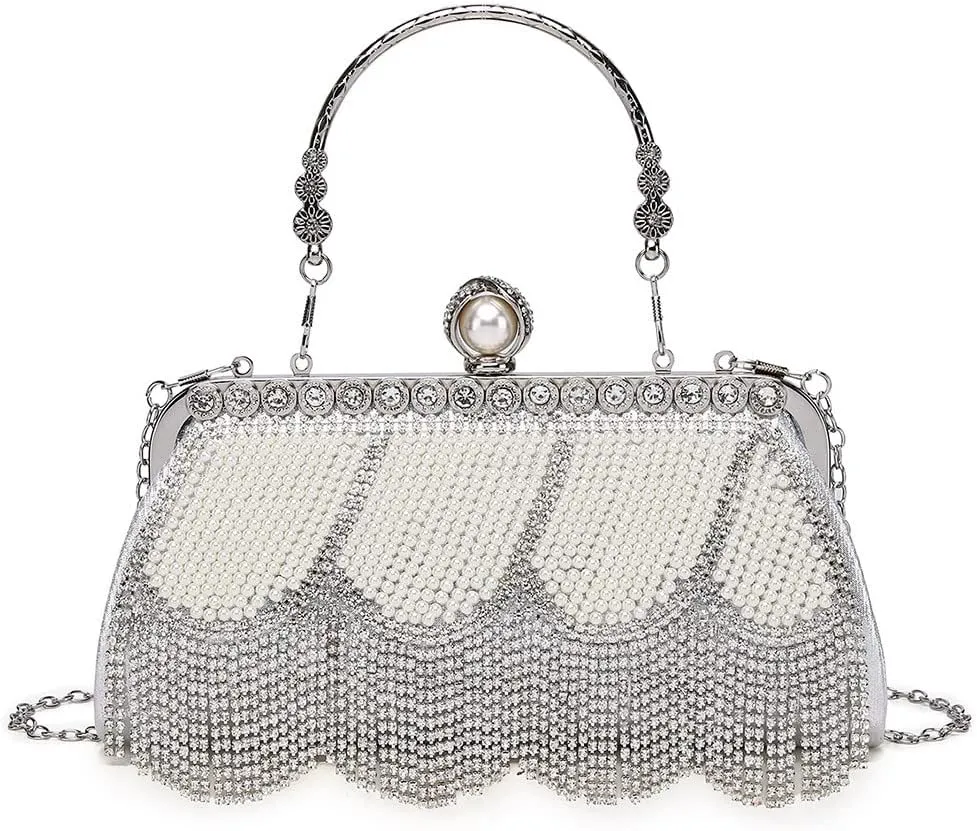 Luxury Tassel Pearl Rhinestones Clutch Purses for Women Detachable Chain handle Glitter Crystals Bags for Prom Wedding Silver