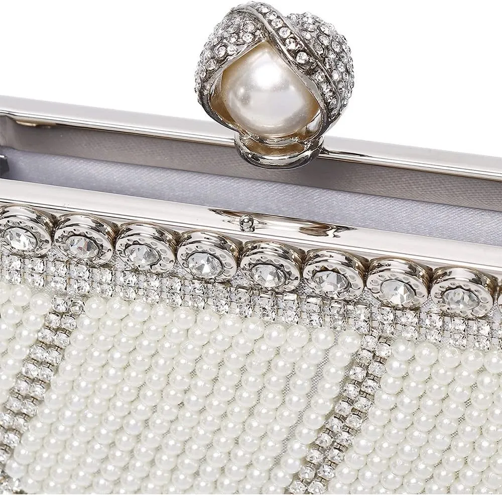 Luxury Tassel Pearl Rhinestones Clutch Purses for Women Detachable Chain handle Glitter Crystals Bags for Prom Wedding Silver