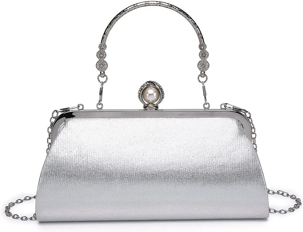 Luxury Tassel Pearl Rhinestones Clutch Purses for Women Detachable Chain handle Glitter Crystals Bags for Prom Wedding Silver