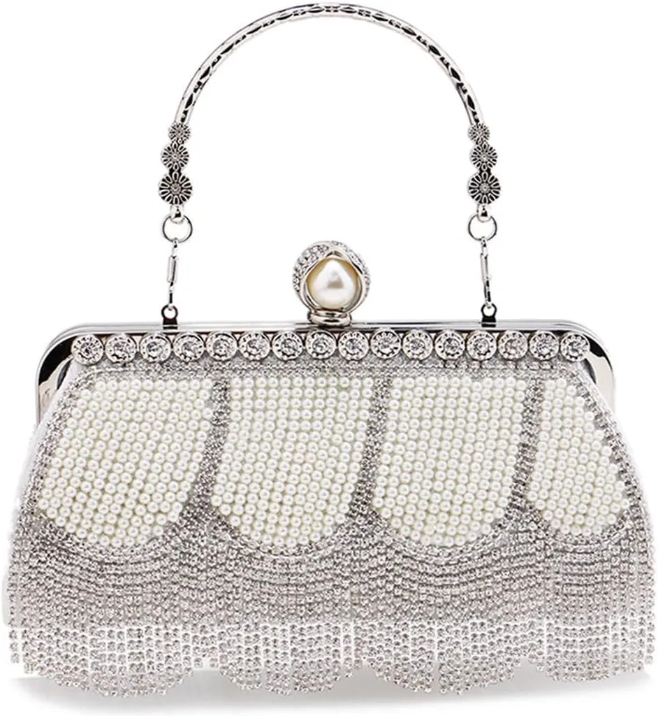 Luxury Tassel Pearl Rhinestones Clutch Purses for Women Detachable Chain handle Glitter Crystals Bags for Prom Wedding Silver