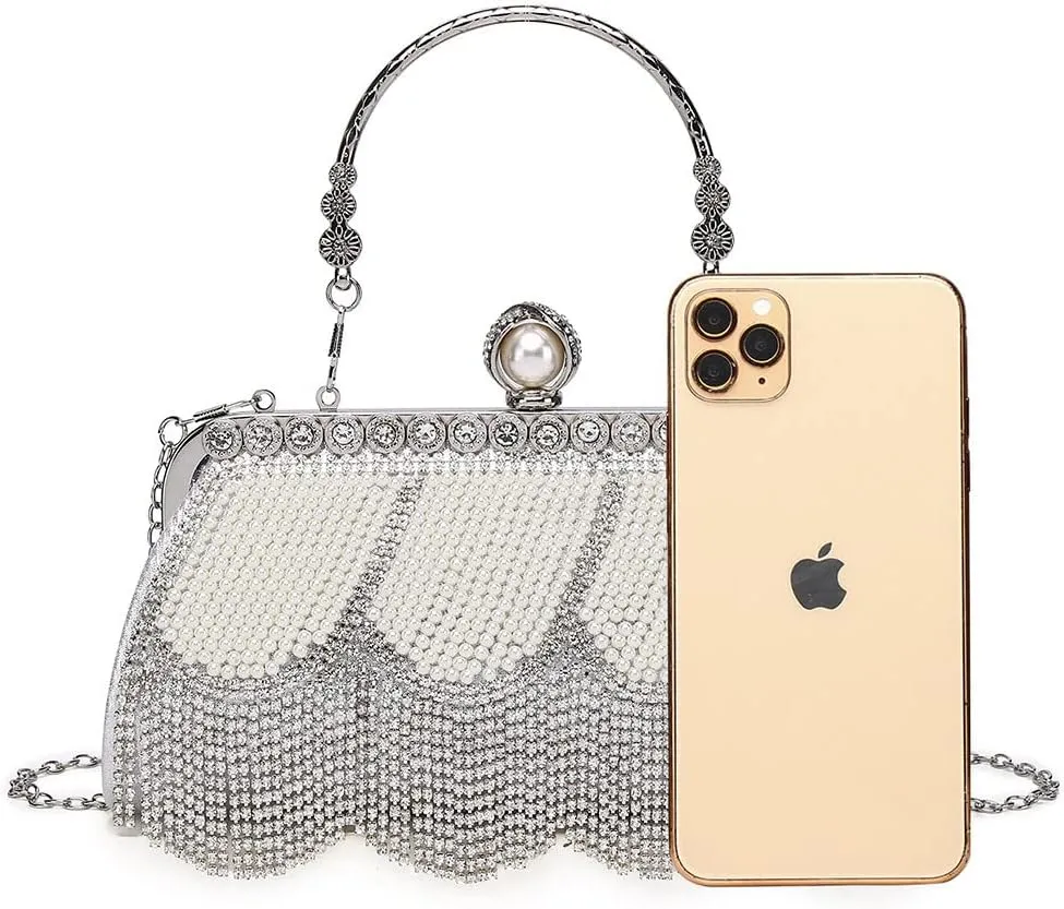 Luxury Tassel Pearl Rhinestones Clutch Purses for Women Detachable Chain handle Glitter Crystals Bags for Prom Wedding Silver