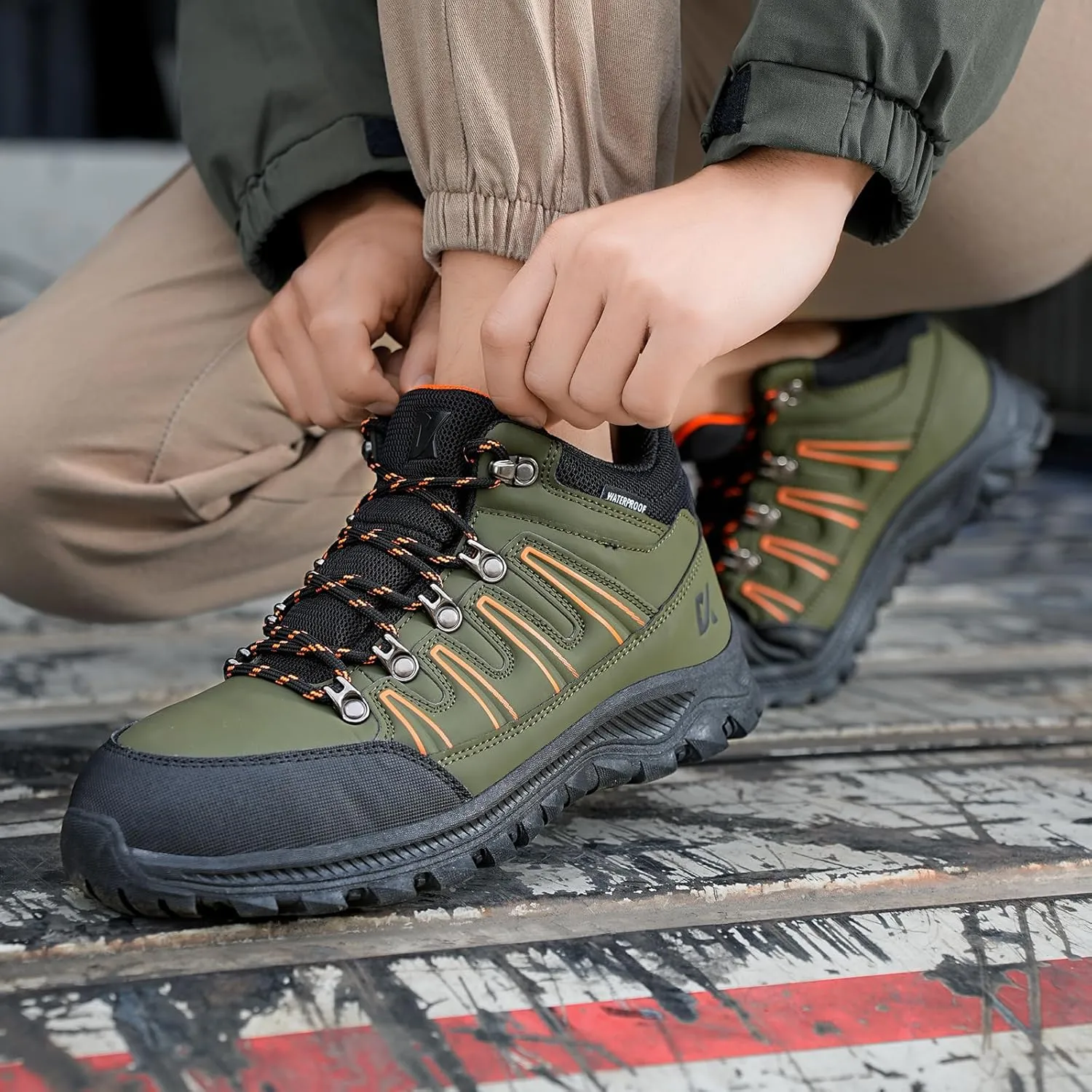 Men's Steel Toe Work Shoes, Black, Indestructible Green, Waterproof, Non Slip, Puncture Proof, Composite Toe, Outdoor, Hiking, Sports, Casual, Winter, Solid, Leather, Athletic Shoes