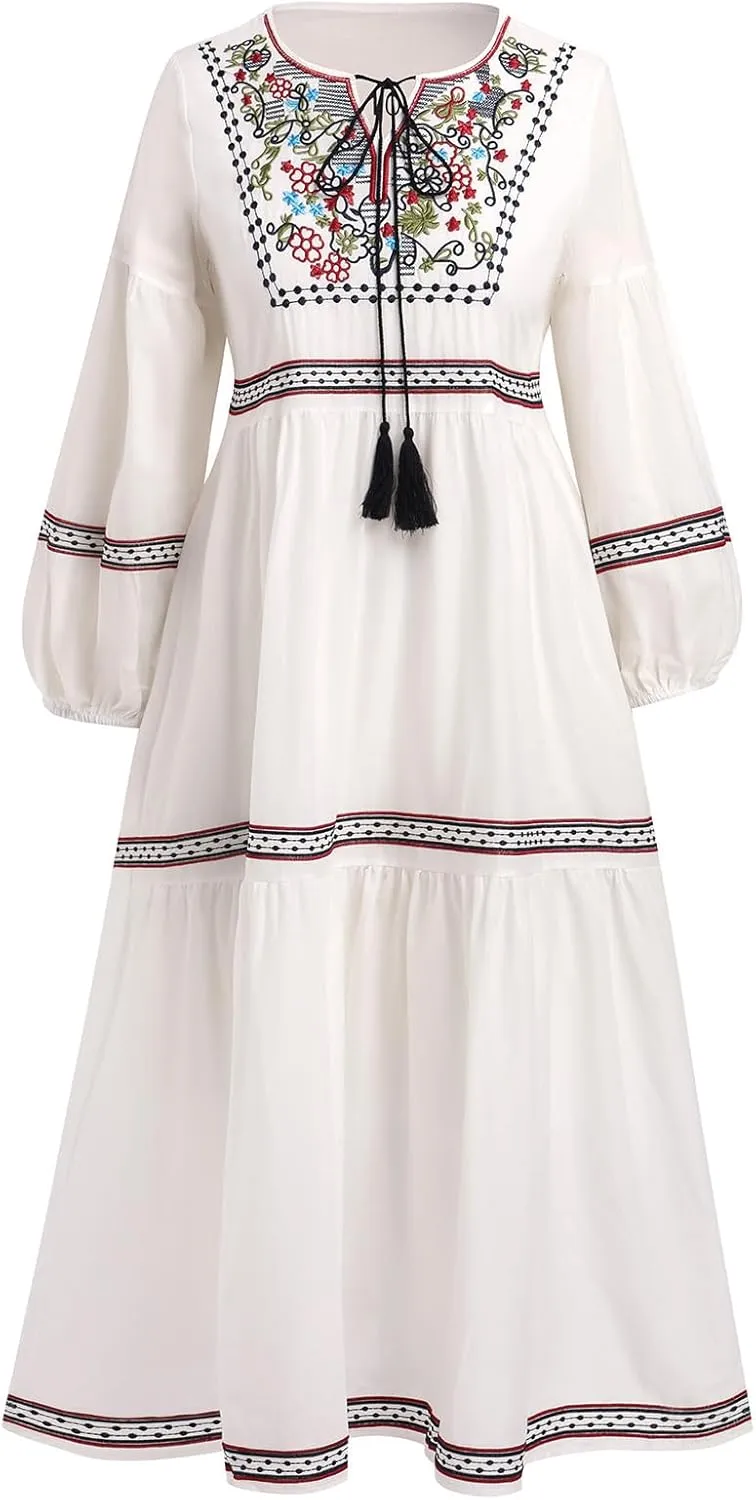 Mexican Embroidered Long Sleeve Maxi Dress for Women Traditional Mexican Embroidery Dress Drawstring Floral Print Long Dress