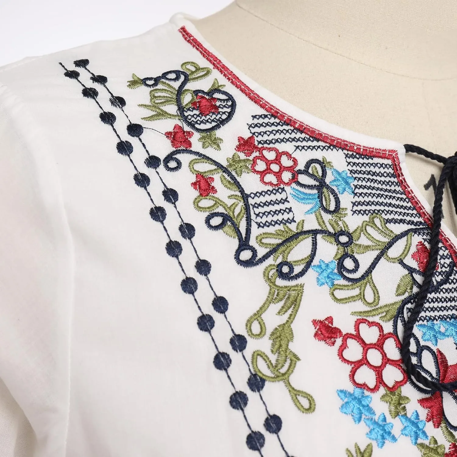 Mexican Embroidered Long Sleeve Maxi Dress for Women Traditional Mexican Embroidery Dress Drawstring Floral Print Long Dress