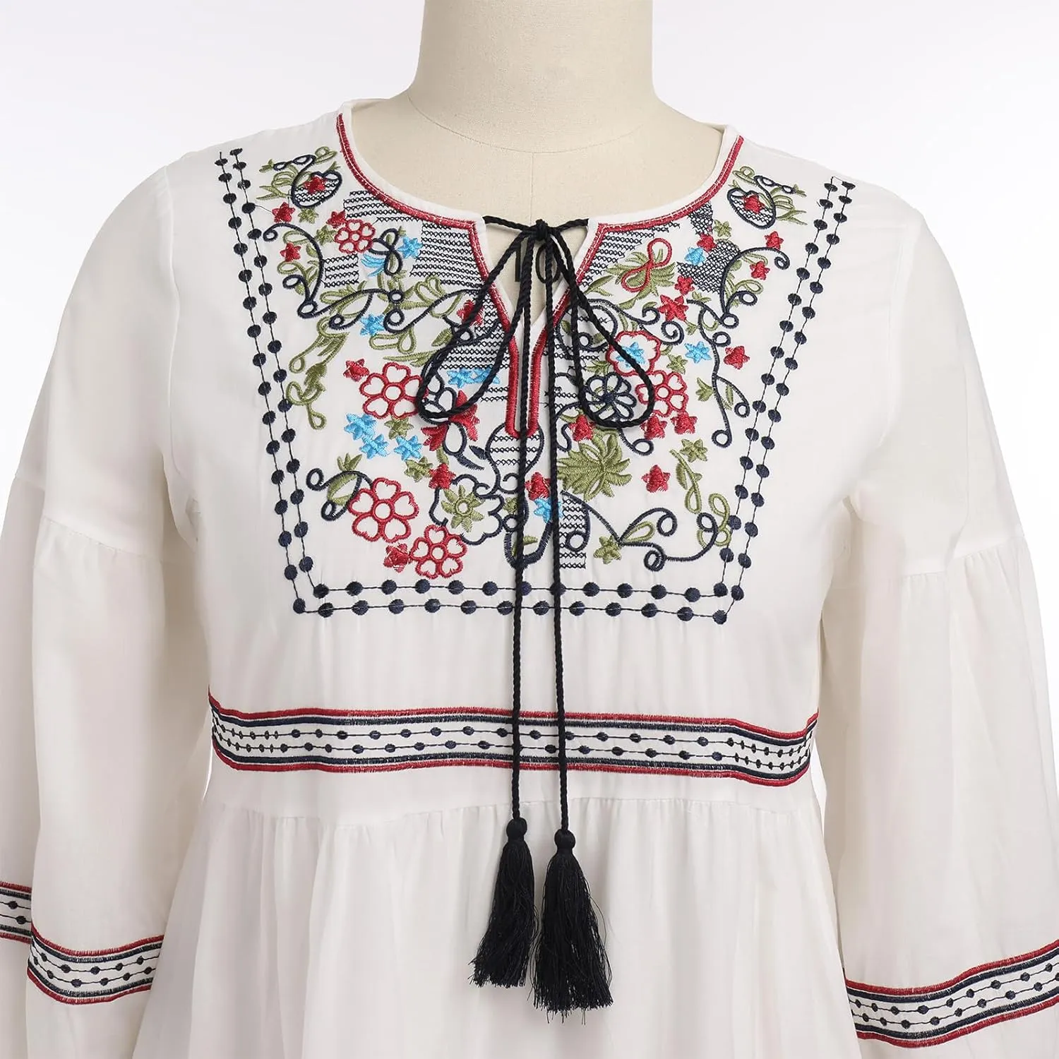 Mexican Embroidered Long Sleeve Maxi Dress for Women Traditional Mexican Embroidery Dress Drawstring Floral Print Long Dress