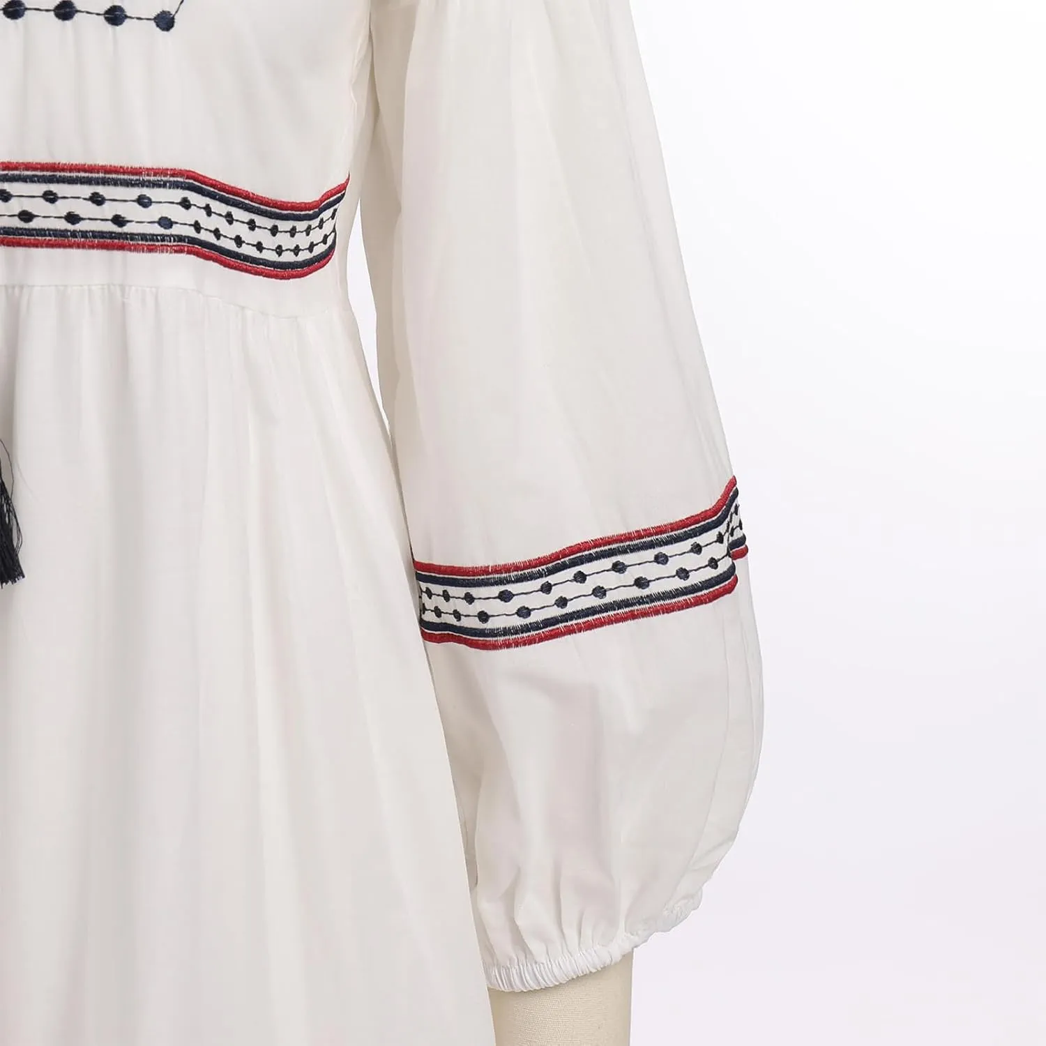 Mexican Embroidered Long Sleeve Maxi Dress for Women Traditional Mexican Embroidery Dress Drawstring Floral Print Long Dress