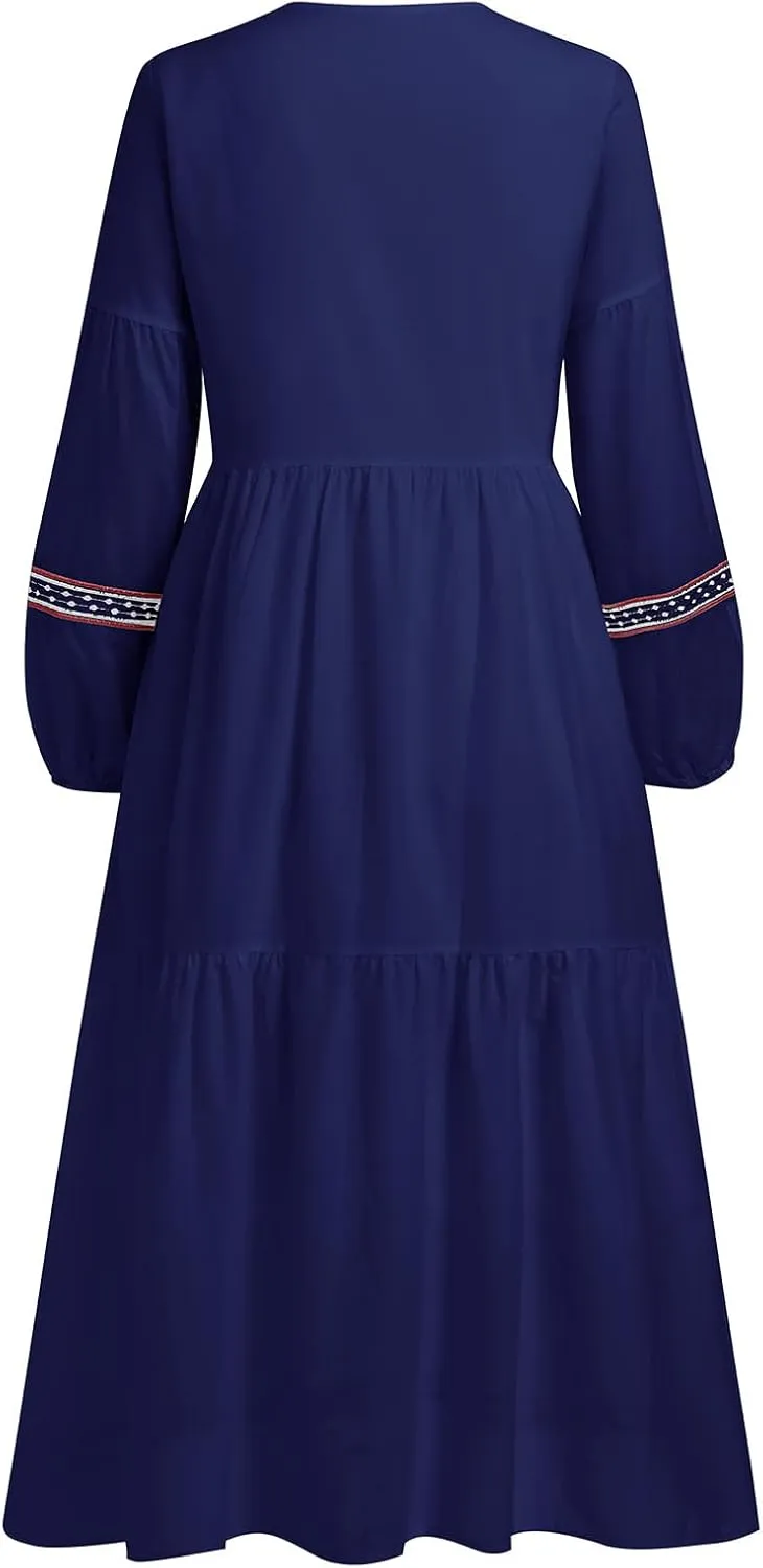 Mexican Embroidered Long Sleeve Maxi Dress for Women Traditional Mexican Embroidery Dress Drawstring Floral Print Long Dress