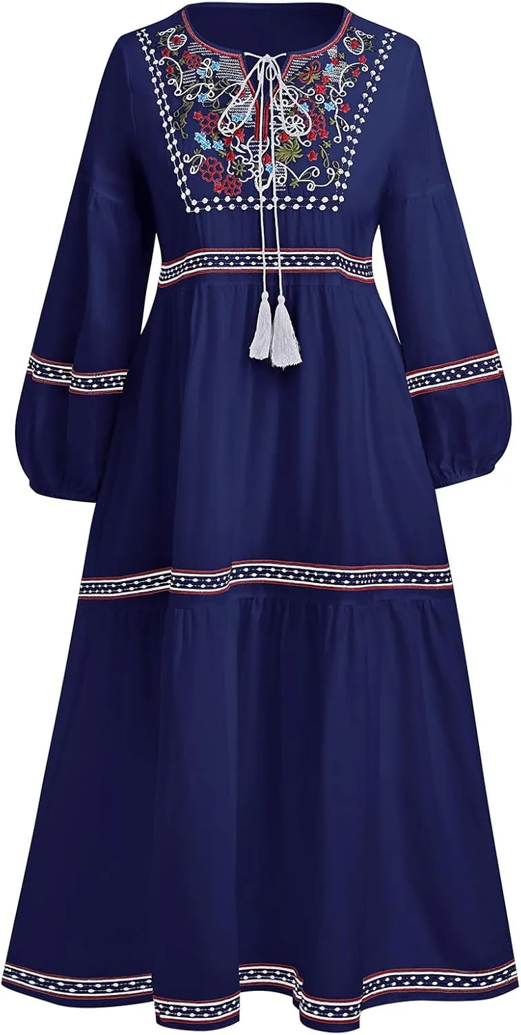 Mexican Embroidered Long Sleeve Maxi Dress for Women Traditional Mexican Embroidery Dress Drawstring Floral Print Long Dress