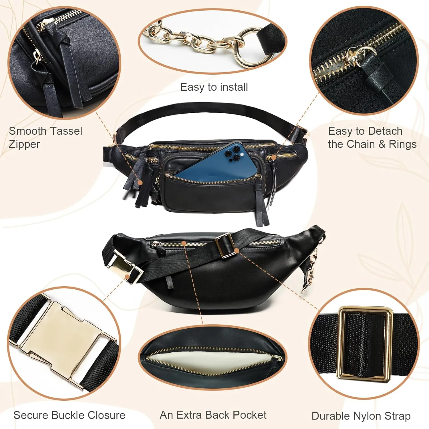 miss fong Leather Fanny Packs for Women, Small Crossbody Bags for Mom,Mini Diaper Belt Bag for Women, Waist Bag with 9 Pockets