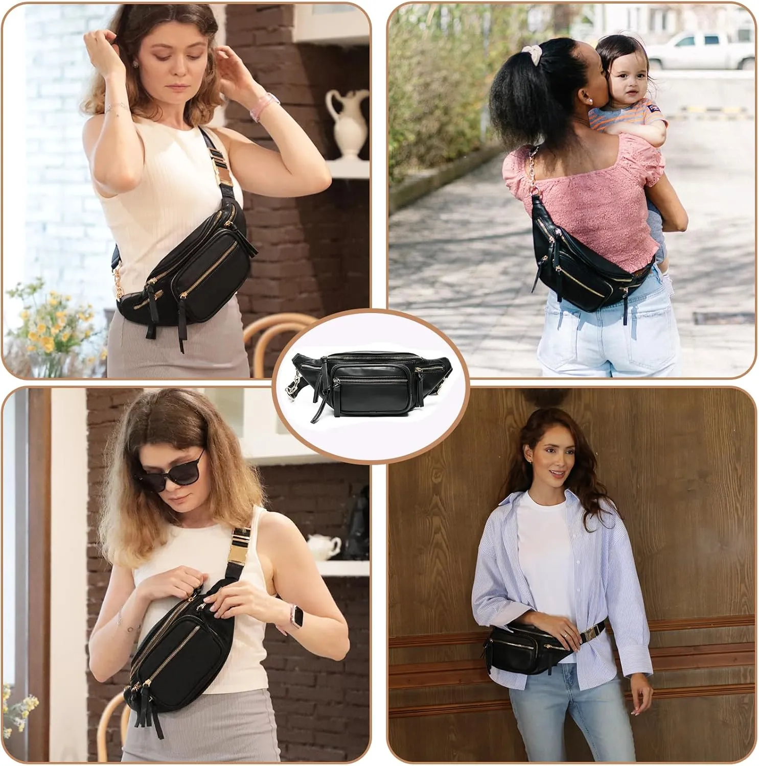 miss fong Leather Fanny Packs for Women, Small Crossbody Bags for Mom,Mini Diaper Belt Bag for Women, Waist Bag with 9 Pockets