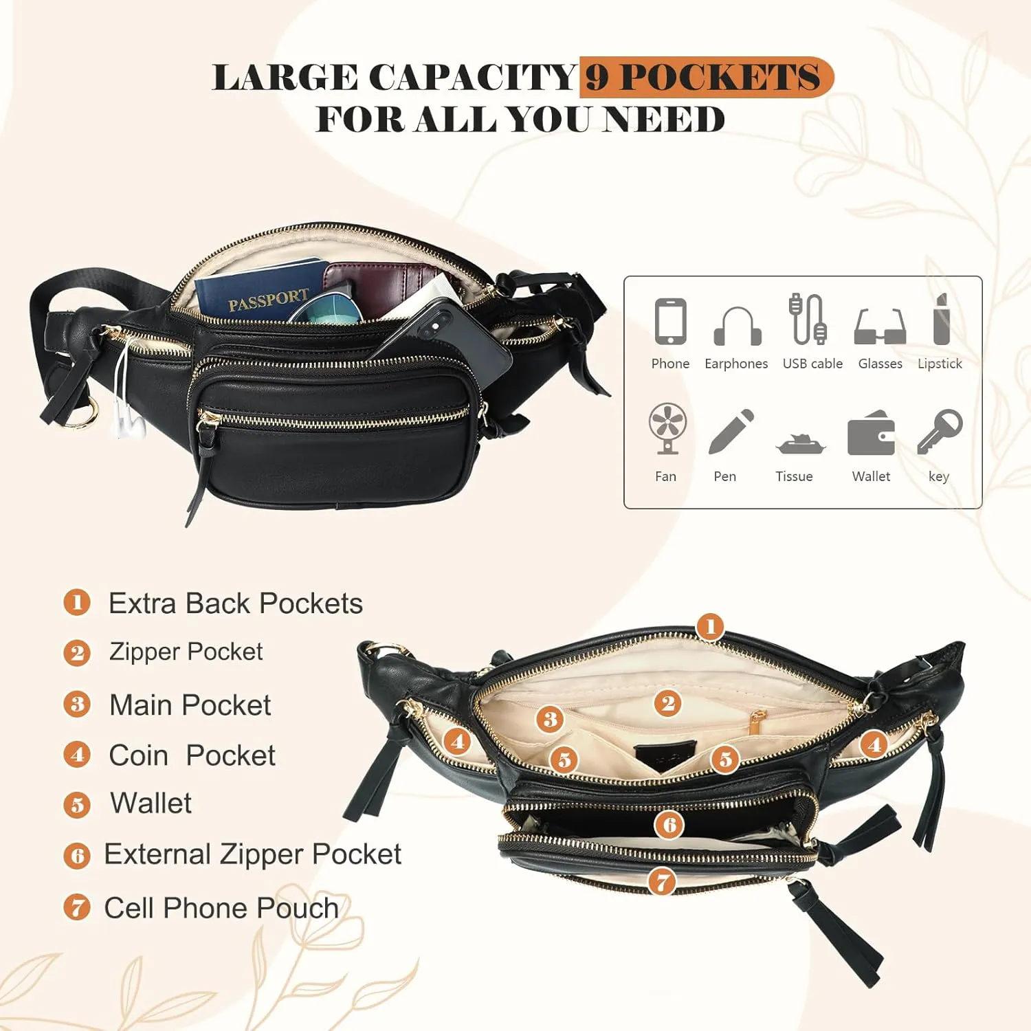 miss fong Leather Fanny Packs for Women, Small Crossbody Bags for Mom,Mini Diaper Belt Bag for Women, Waist Bag with 9 Pockets