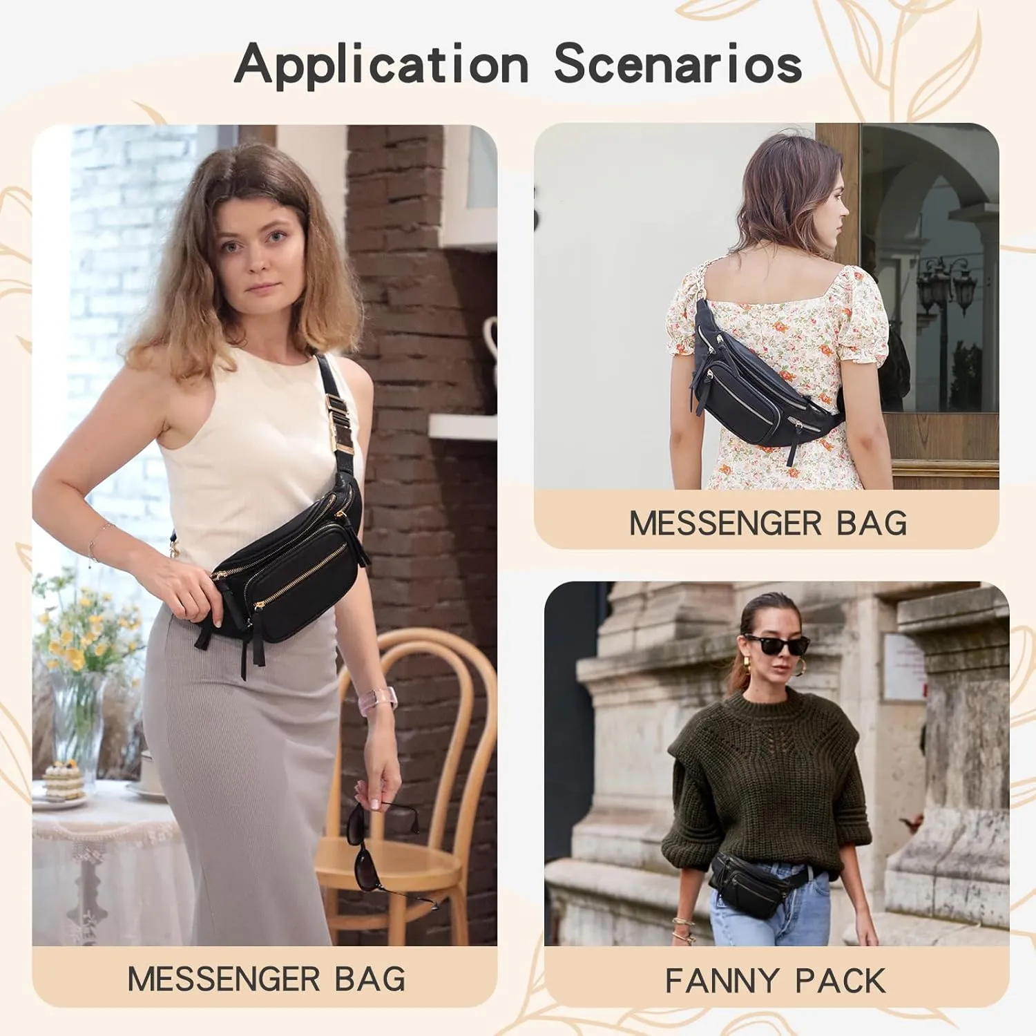 miss fong Leather Fanny Packs for Women, Small Crossbody Bags for Mom,Mini Diaper Belt Bag for Women, Waist Bag with 9 Pockets
