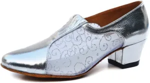 Misu Women's Closed Toe Suede Sole Latin Salsa Tango Practice Ballroom Dance Shoes with 1.6" Heel,Silver PU and White Mesh,9.5 B(M) US