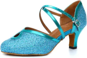 Misu Women's Closed Toe Suede Sole Latin Salsa Tango Practice Ballroom Dance Shoes with 2.2" Heel,Blue Glitter,5.5 B(M) US