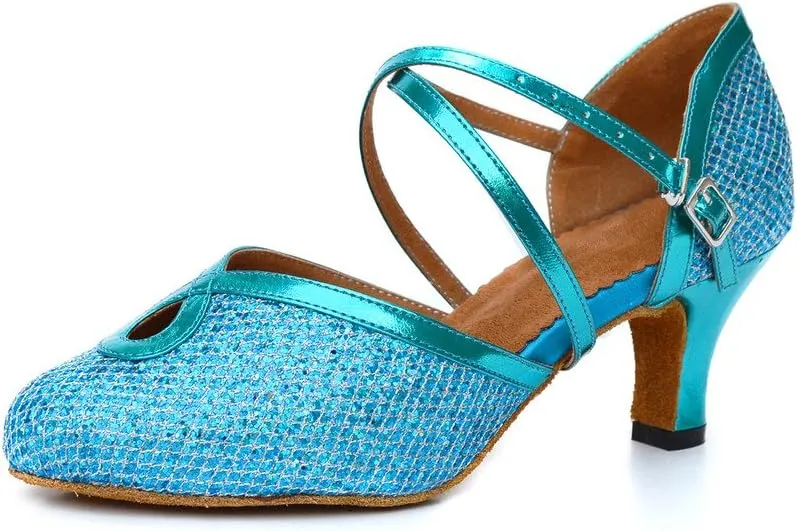 Misu Women's Closed Toe Suede Sole Latin Salsa Tango Practice Ballroom Dance Shoes with 2.2" Heel,Blue Glitter,5.5 B(M) US
