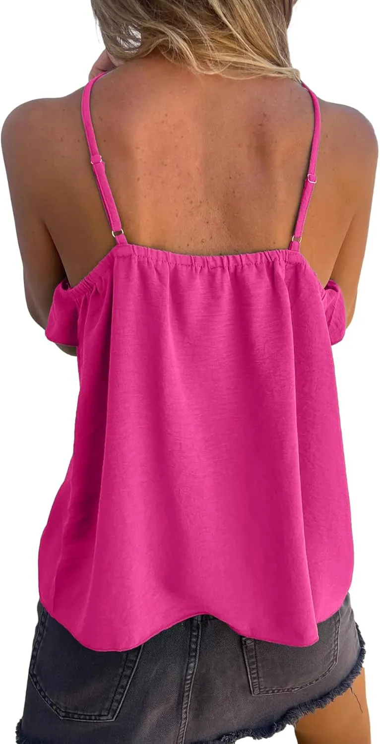 MLEBR Womens Casual Summer Straps Ruffle V Neck Cami Shirts Sleeveless Tanks Tops Blouses Tops Camisole