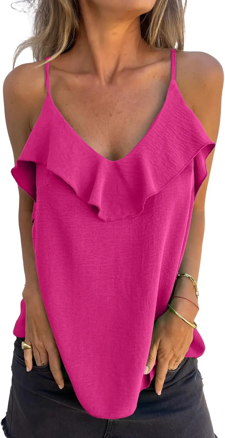 MLEBR Womens Casual Summer Straps Ruffle V Neck Cami Shirts Sleeveless Tanks Tops Blouses Tops Camisole