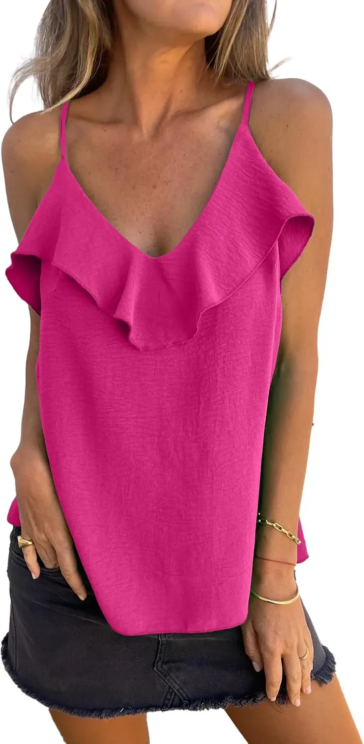 MLEBR Womens Casual Summer Straps Ruffle V Neck Cami Shirts Sleeveless Tanks Tops Blouses Tops Camisole