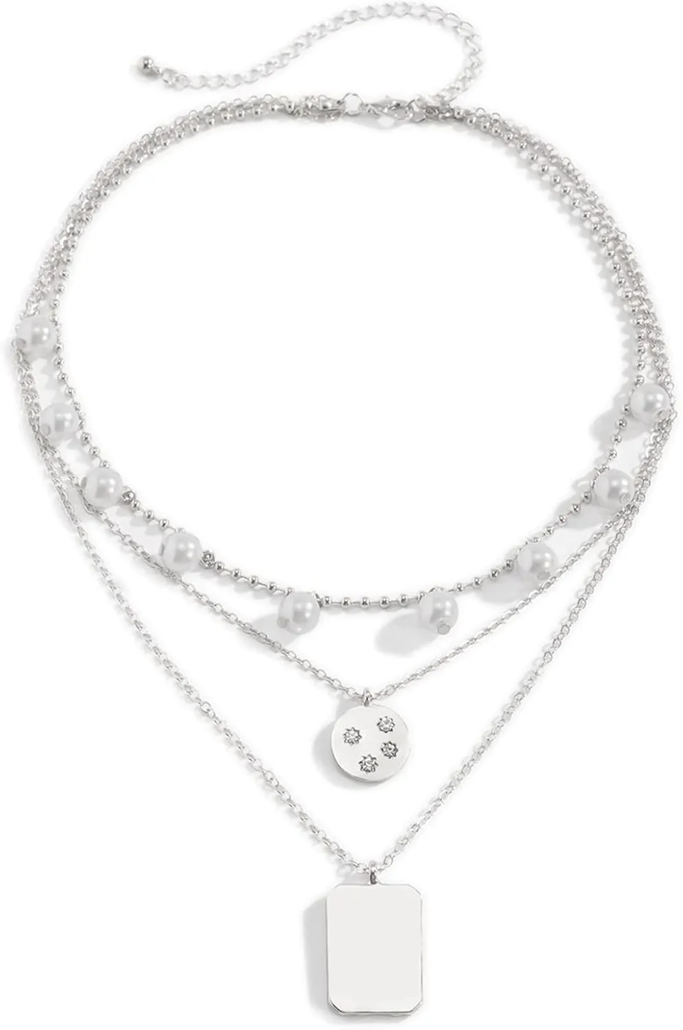 Multi Layered Necklaces for Women, 3 Layering Necklace Silver Lobster Claw White Round Pearl Tassel Multi Layer Chain Design Womens Jewelry