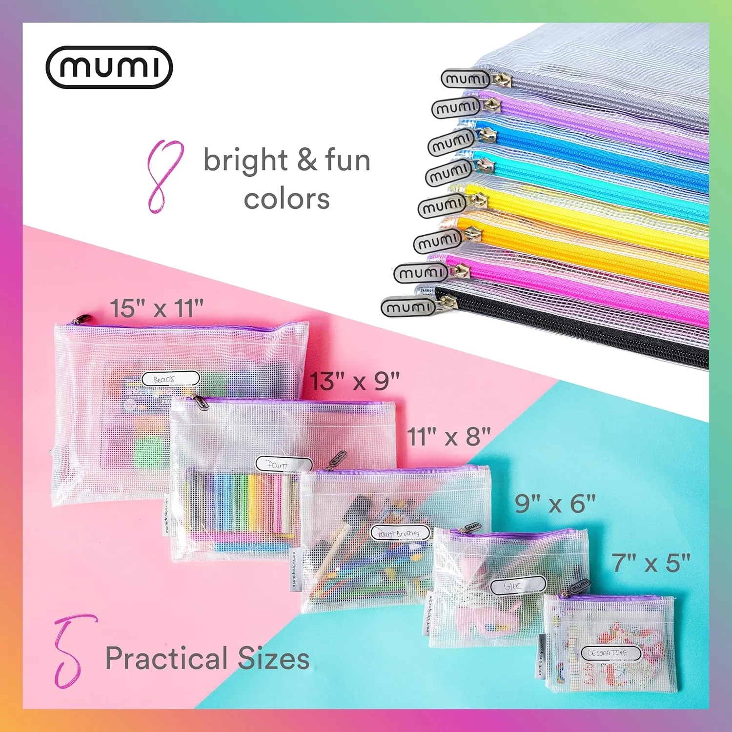 MUMI 5 Multi-Size Organizing Bags  Clear Zipper Pouches for Organizing, Storage & Travel with 10 Removable Labels  Reusable Waterproof Mesh Zipper Pouch Set, Plastic Zip Bags for Supplies (Blue)