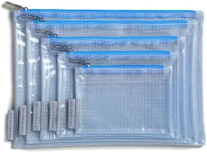 MUMI 5 Multi-Size Organizing Bags  Clear Zipper Pouches for Organizing, Storage & Travel with 10 Removable Labels  Reusable Waterproof Mesh Zipper Pouch Set, Plastic Zip Bags for Supplies (Blue)