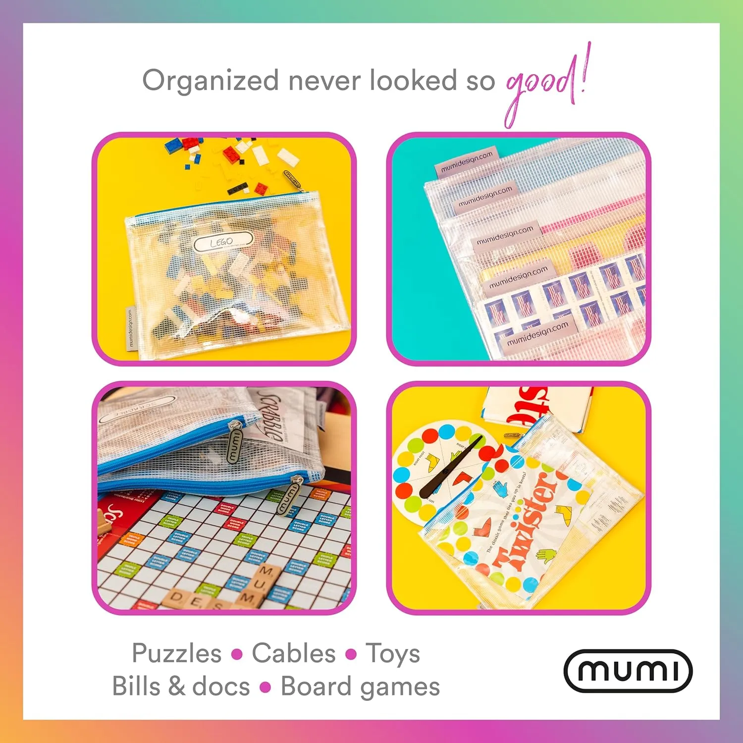 MUMI 5 Multi-Size Organizing Bags  Clear Zipper Pouches for Organizing, Storage & Travel with 10 Removable Labels  Reusable Waterproof Mesh Zipper Pouch Set, Plastic Zip Bags for Supplies (Blue)