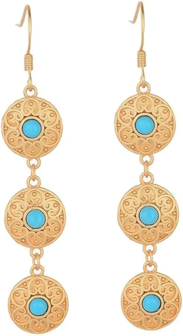 Natural Turquoise Bohemian Drop Dangle Earrings Coin Floral Filigree Tassel 18K Gold Plated Gemstone Hook 925 Sterling Silver Jewelry Birthday, Gift For Women