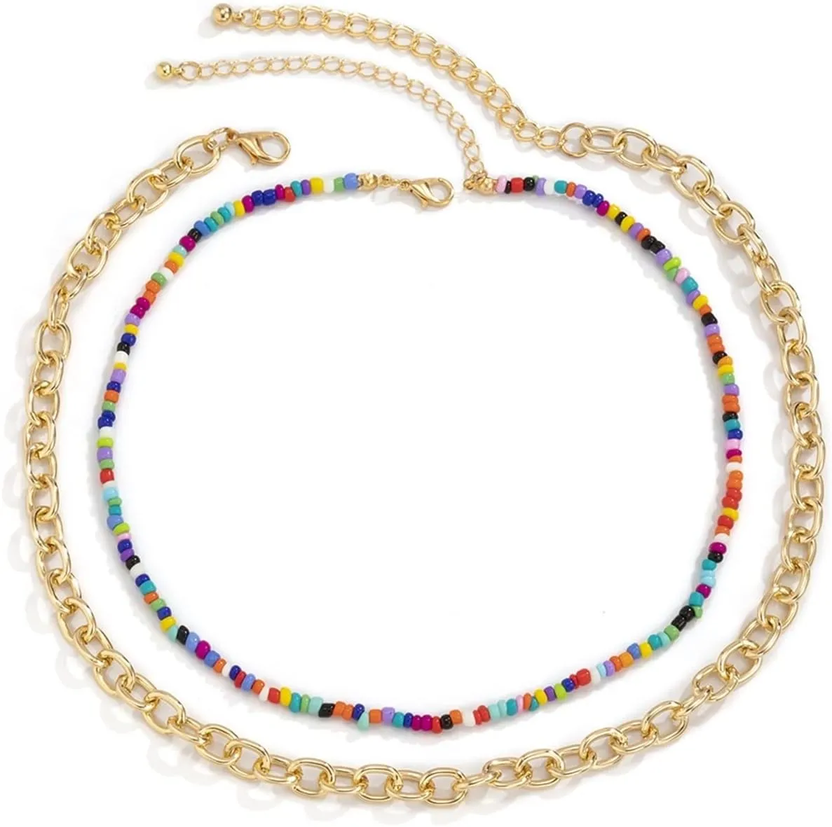 Necklace Layer Sets for Women, Women Chain Necklaces 2 Layer Gold Lobster Claw Colorful Beads Design Anniversary Dainty Jewelry for Women