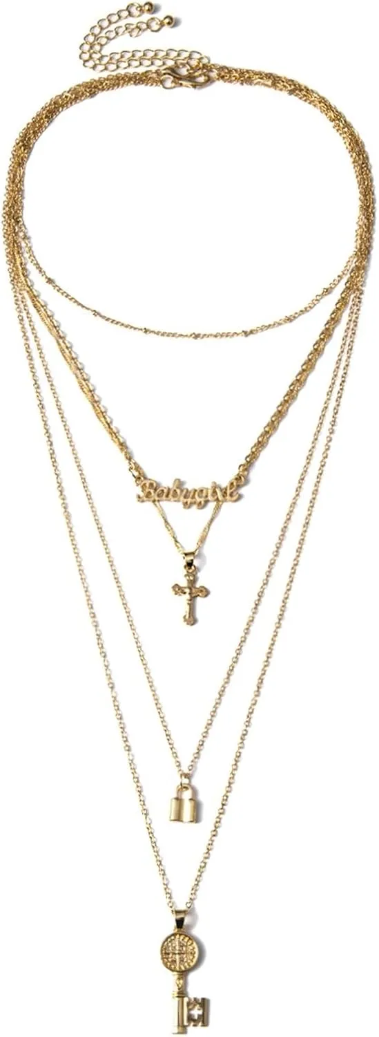 Necklace Layered Trendy, Necklace Layer Sets for Women 5 Layer Gold Lobster Claw Letter Key Pendant Design Vacation Jewlery for Girls