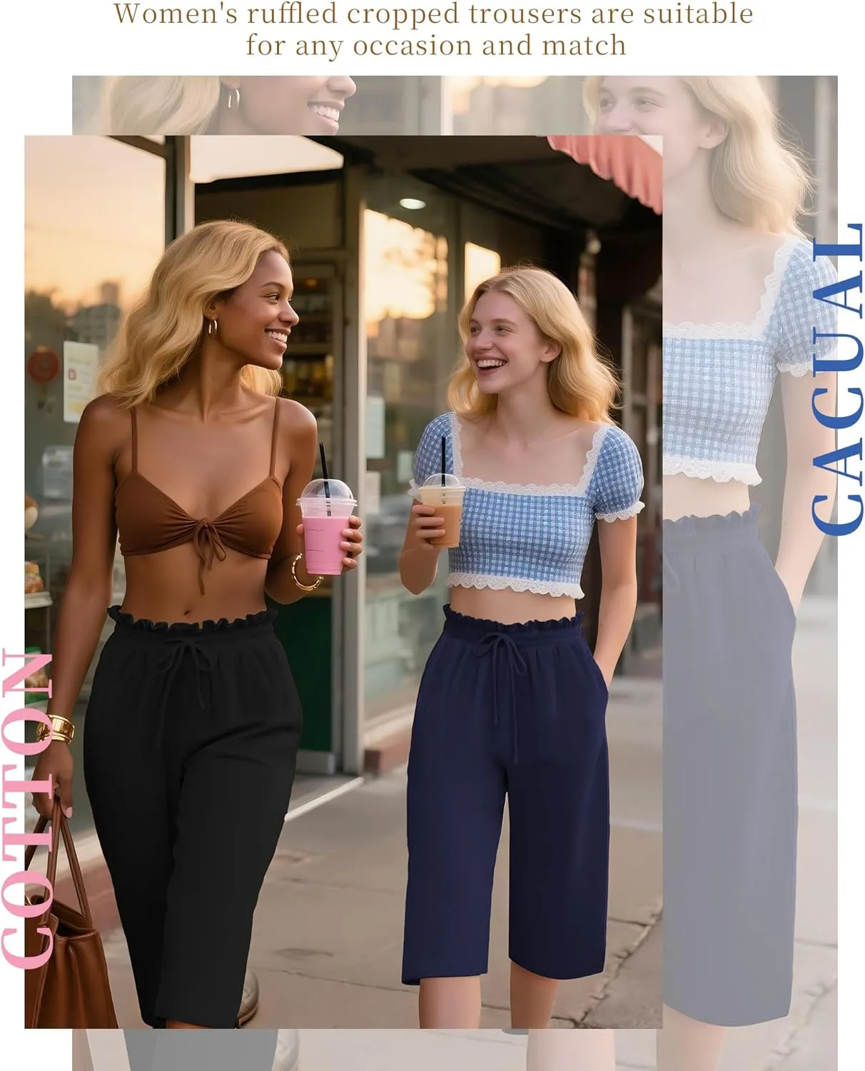 Neer 3 Pack Capri Pants for Women Cotton High Waisted Wide Leg Cropped Trousers Drawstring Ruffled Palazzo with Pockets