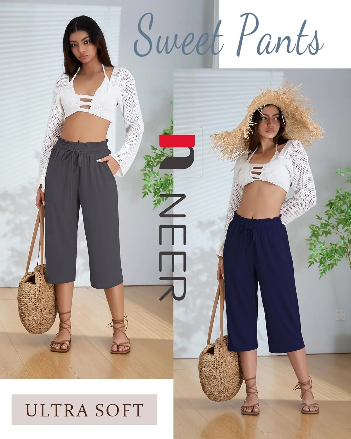 Neer 3 Pack Capri Pants for Women Cotton High Waisted Wide Leg Cropped Trousers Drawstring Ruffled Palazzo with Pockets