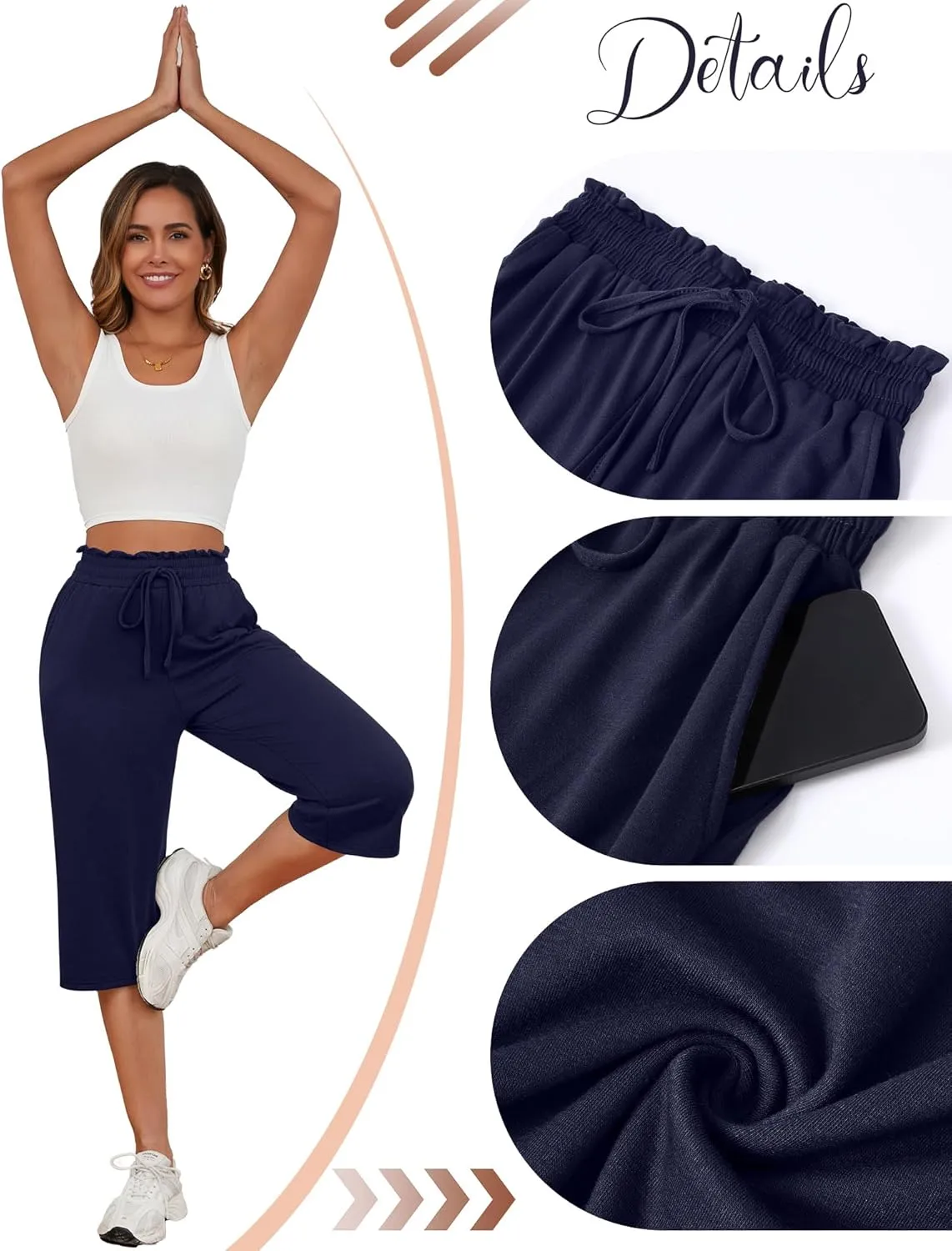 Neer 3 Pack Capri Pants for Women Cotton High Waisted Wide Leg Cropped Trousers Drawstring Ruffled Palazzo with Pockets