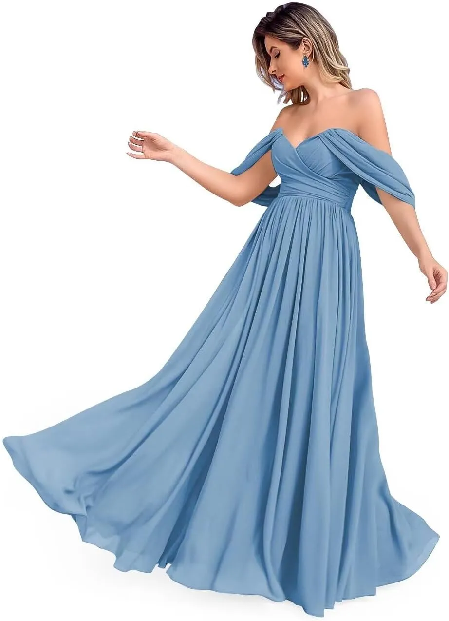 Off The Shoulder Chiffon Bridesmaid Dresses Long Ruched Chiffon Formal Evening Dress Backless Empire Waist Gowns