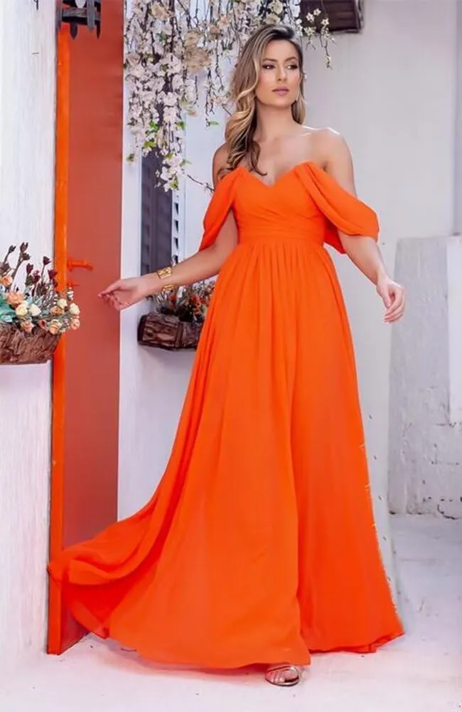 Off The Shoulder Chiffon Bridesmaid Dresses Long Ruched Chiffon Formal Evening Dress Backless Empire Waist Gowns